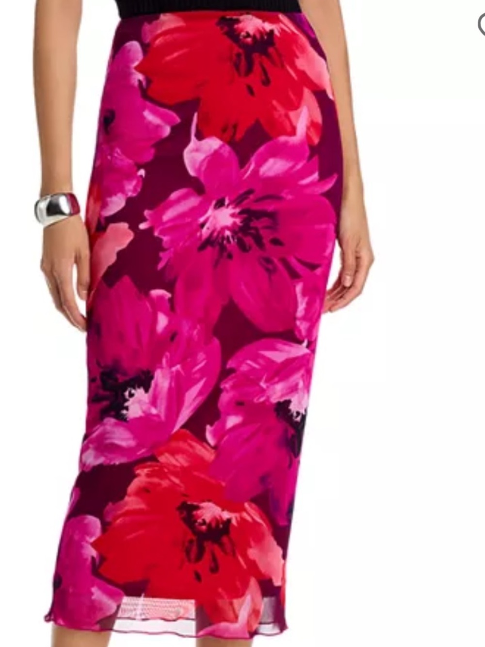 Aqua Fuchsia and Red Floral Midi Pencil Skirt
